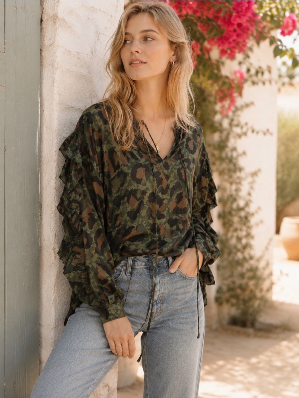 Zadig & Voltaire Terra Leo Green and Brown Leopard Ruffle Blouse Small